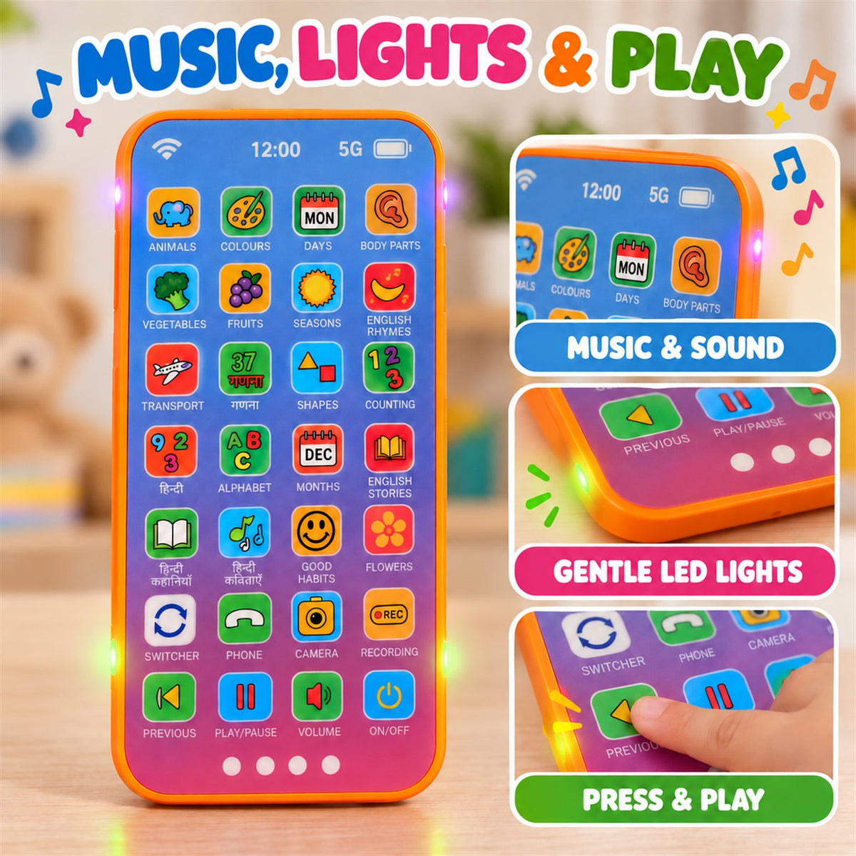 Kids Learning Mobile Phone Toy With Music Lights And Hindi English Audio (1 Pc)