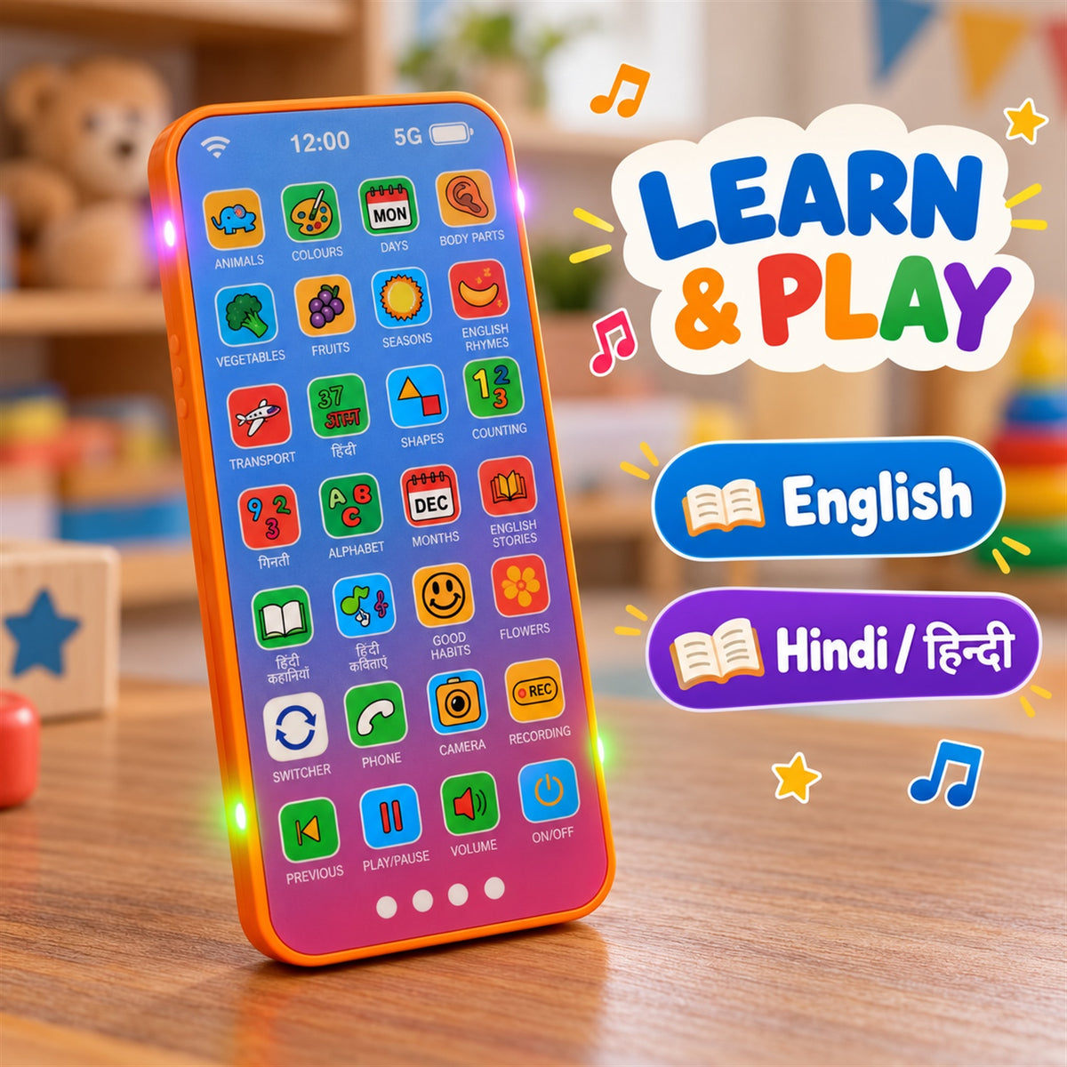 Kids Learning Mobile Phone Toy With Music Lights And Hindi English Audio (1 Pc)