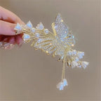 Beauty Korean 1pcs Stone Studded Pearl Butterfly Fancy Hair Claw Clip Clutcher Strong Hold Non-Slip Hair Claw Clip Clutcher Perfect Party Bridal Hair Catcher Golden Stone Studded (Pack of 1)