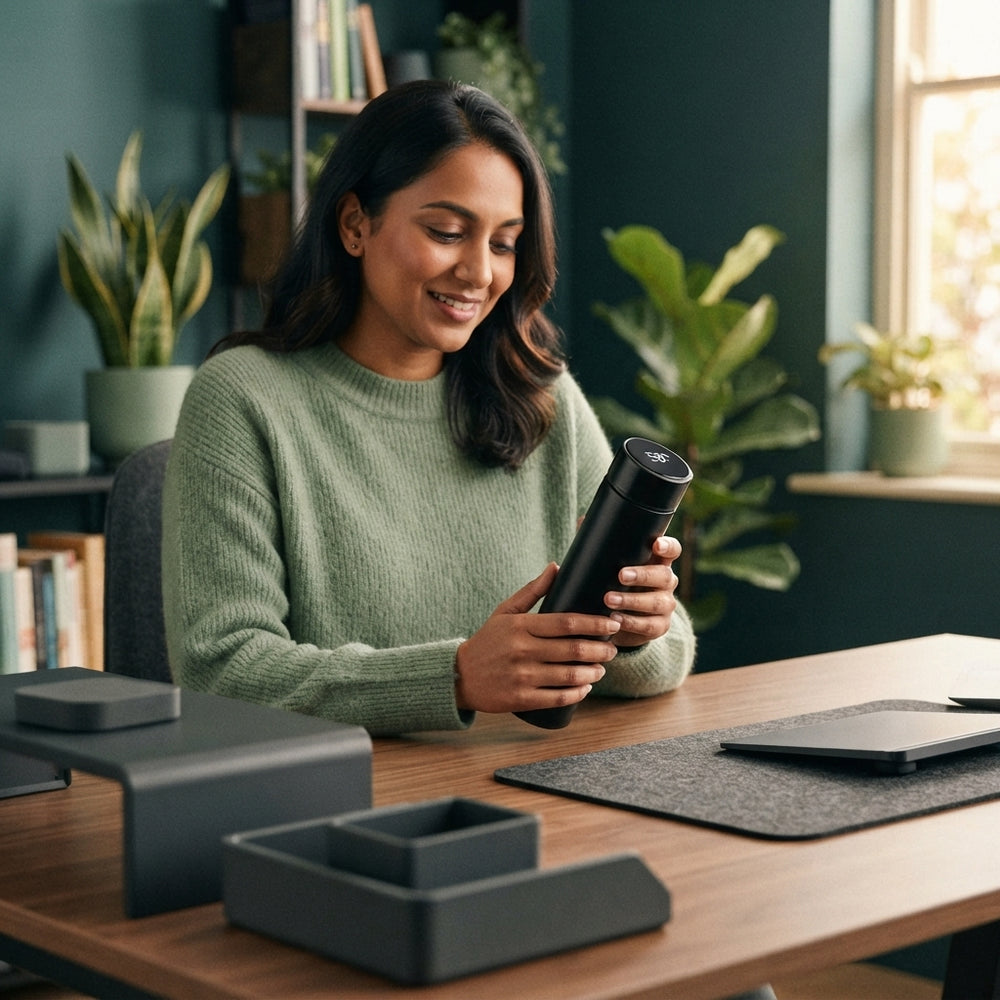 South Asian woman holding a smart water bottle with an LED temperature display in a modern, stylishly decorated home office.