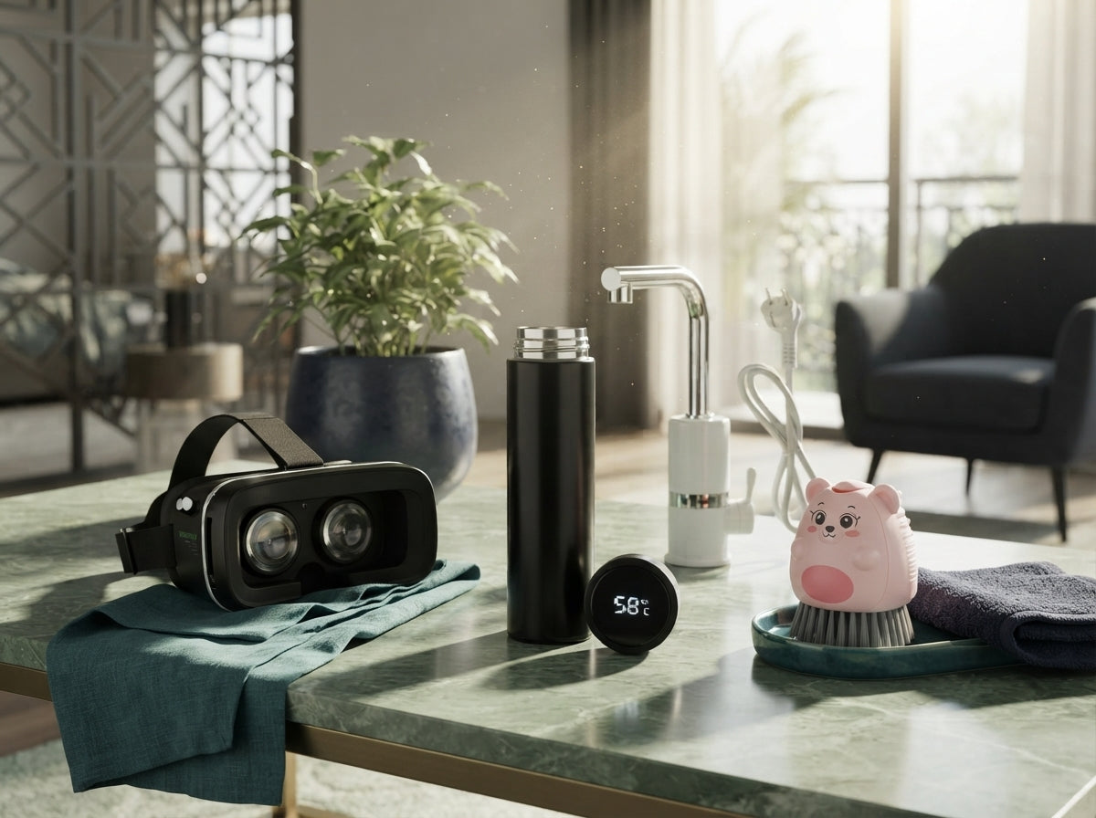 A collection of modern home and smart gadgets including a water bottle, VR headset, electric faucet, and cleaning brush on a 