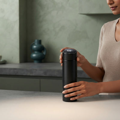 A person holding a smart vacuum insulated water bottle with an LED temperature display in a modern kitchen setting.